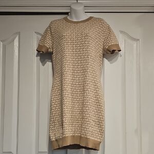 MICHAEL Michael Kors All-Over Logo Sweater Dress Khaki/Cream Sz M NWT